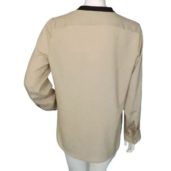 CALVIN KLEIN Blouse, L, Champagne/Black, Long Tab Sleeves, Zipper Neck - Picture 5 of 14